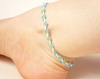 Daisy Chain Anklet, Forget Me Not Ankle Bracelet, Blue Flower Anklet, Floral Jewelry UK