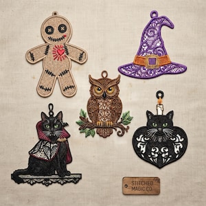 May include: Five embroidered ornaments including a tan voodoo doll, a purple lace witch hat, a brown owl on a branch, a black cat in a vampire cape, and a black cat head with a candle, plus a wooden tag labeled STITCHED MAGIC CO.