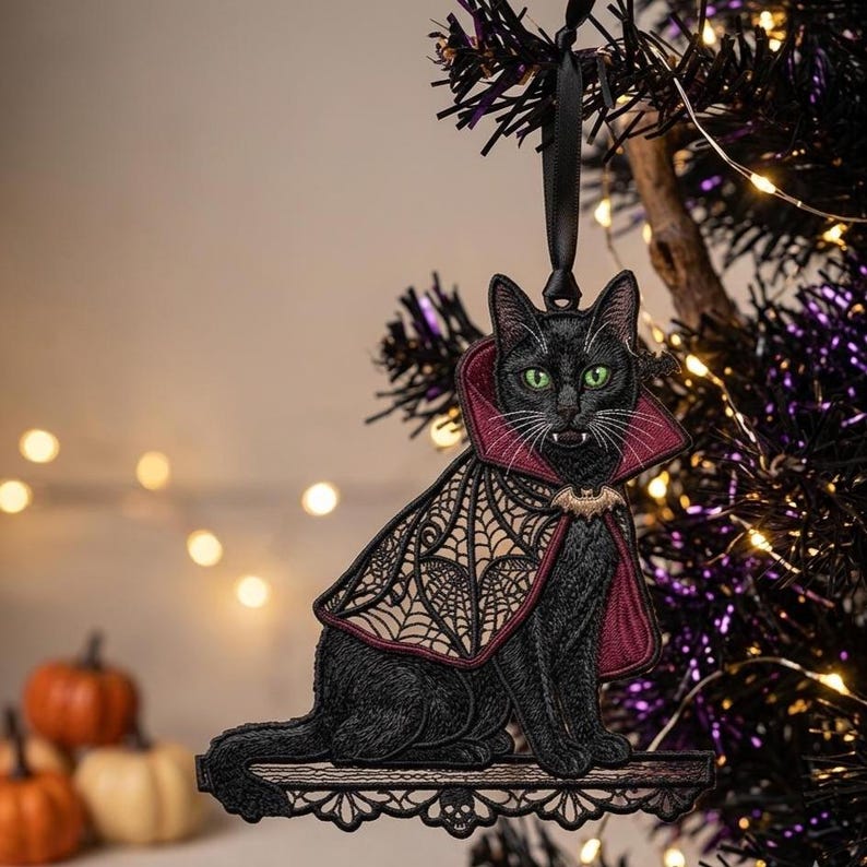 May include: A black cat ornament with green eyes and white fangs, wearing a maroon and tan cape with a spiderweb pattern and a small bat brooch. The cat sits on a decorative shelf featuring a skull motif, suspended by a black ribbon.