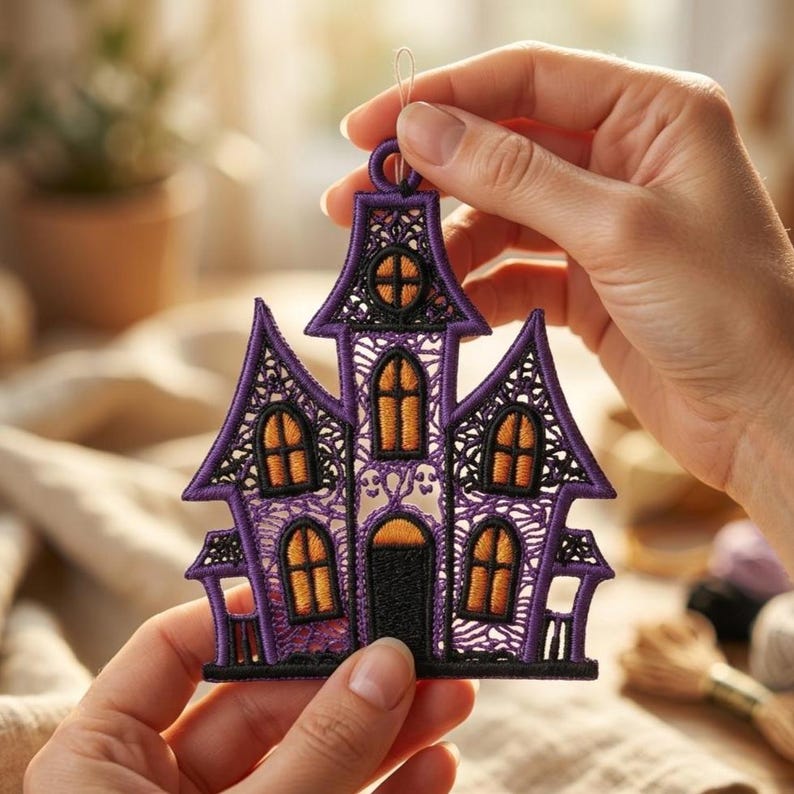 Puede incluir: Un adorno de casa embrujada bordado en morado y negro con costuras intrincadas tipo encaje, ventanas rellenas de color naranja y un peque&ntilde;o lazo en la parte superior. El dise&ntilde;o incluye formas de fantasmas y una puerta central negra.
