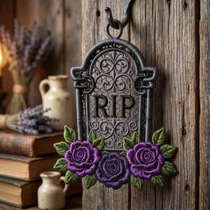 FSL RIP Tombstone Embroidery Design, Gothic Freestanding Lace Ornament, Purple Rose Graveyard Decor, Halloween Embroidery Digital File