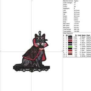 May include: An embroidery design of a black cat wearing a red-lined cape with a high collar, green eyes, and white fangs. The cat sits on a black lace-like base. The production worksheet includes technical data, stitch counts, and color codes.