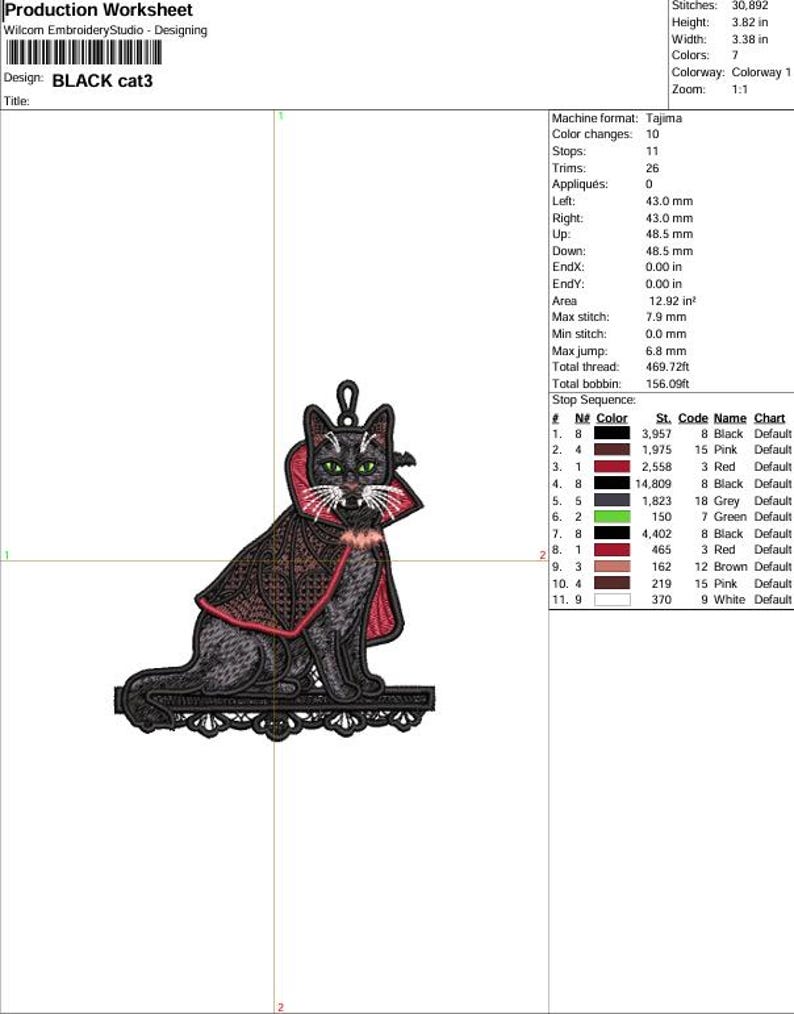 May include: An embroidery design of a black cat wearing a red-lined cape with a high collar, green eyes, and white fangs. The cat sits on a black lace-like base. The production worksheet includes technical data, stitch counts, and color codes.