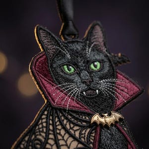 May include: An embroidered patch featuring a black cat with bright green eyes and white fangs, wearing a high-collared burgundy cape with a black web pattern. A small gold-toned bat-shaped charm is attached at the front of the cape collar.