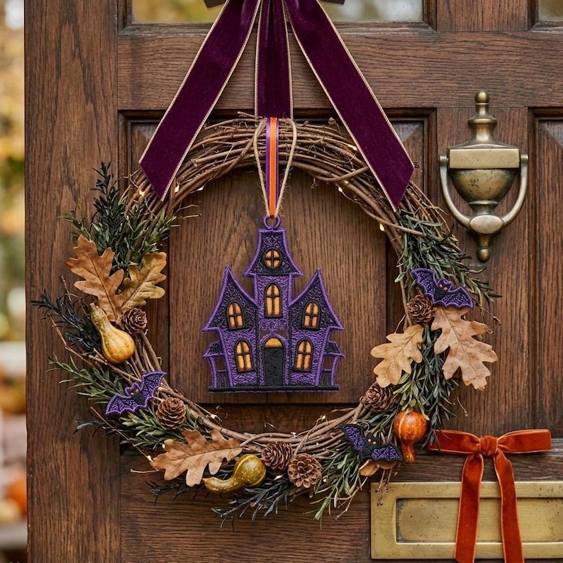 Puede incluir: Una corona circular de ramas de vid decorada con hojas de roble secas, pi&ntilde;as, calabazas peque&ntilde;as y murci&eacute;lagos de fieltro morados. Una cinta de terciopelo morado cuelga de arriba y un adorno de casa encantada morada con ventanas naranjas.