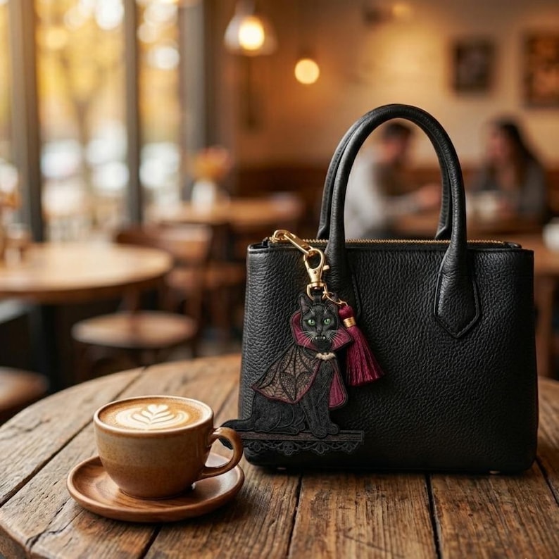 May include: A black leather handbag with two top handles and a textured surface. A decorative keychain featuring a black cat wearing a dark red cape and a small tassel is attached to the handle. A ceramic cup of coffee sits on a saucer nearby.
