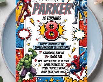 Invito di compleanno a tema supereroi per la festa degli Avengers, modificabile, invito stampabile per la festa di compleanno dei bambini a tema supereroi, modello Canva