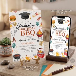 May include: A digital invitation on a phone and a printed card for a graduation birthday BBQ. The invitation features illustrations of a graduation cap, burger, grill, and balloons. The text reads "Join us for a Graduation Birthday BBQ" and includes event details.