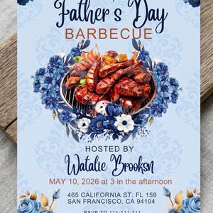 May include: A light blue Father's Day barbecue invitation card featuring a central illustration of grilled meat on a charcoal grill, surrounded by dark blue and white floral accents. Text includes event details, date May 10, 2026, and address.