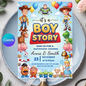 Zaproszenie na baby shower z motywem Toy Story, Boy Story, edytowalny szablon (plik cyfrowy)