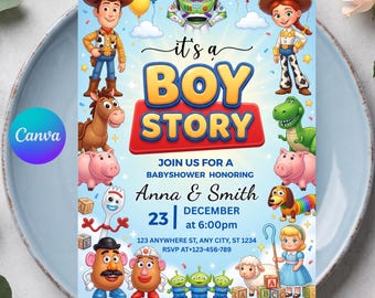 Invitation pour une fête prénatale sur le thème de Toy Story, thème garçon, modèle modifiable (fichier numérique)