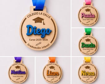 Medalla de graduación personalizada con nombre | Regalo fin de curso infantil | Detalle alumnos guardería / colegio