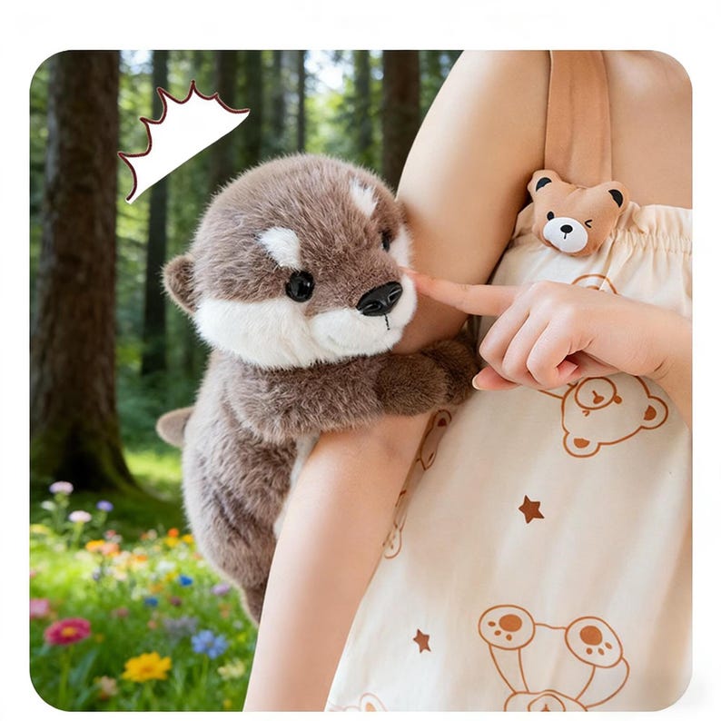 Puede incluir: Un peluche de nutria con pelaje marr&oacute;n y una mancha blanca en la cara. El juguete est&aacute; siendo sujetado, con un peque&ntilde;o accesorio con forma de oso en la correa de una bolsa beige. El fondo presenta una escena de bosque con &aacute;rboles y flores.