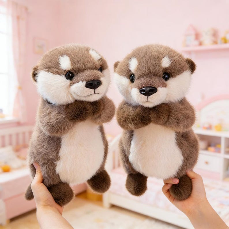 Puede incluir: Dos peluches de nutria. Las nutrias tienen pelaje marr&oacute;n con manchas blancas en la cara y el vientre. Tienen ojos y nariz negros, y sus patas est&aacute;n juntas. El fondo es de color rosa p&aacute;lido.