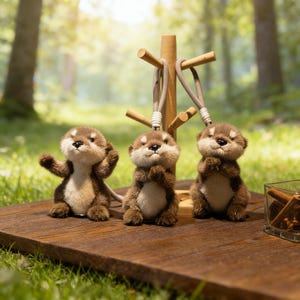Könnte beinhalten: Drei Schlüsselanhänger in Form von Otter-Plüschtieren mit braunem und cremefarbenem Fell werden auf einer Holzoberfläche präsentiert. Jeder Otter hat eine andere Pose und hängt an einem Holzständer. Der Hintergrund ist eine verschwommene Waldszene.