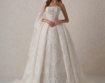 Strapless Lace Ball Gown Wedding Dress, Beaded Corset Princess Bridal Gown, Cathedral Train