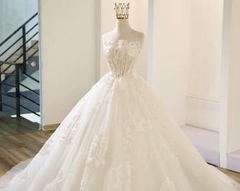 Strapless 3D Floral Ball Gown Wedding Dress, Princess Bridal Gown, Custom Made