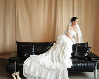 Strapless Ruffle Lace Wedding Dress – 3D Floral Rosettes, Tiered Train, Vintage Inspired Bridal Gown