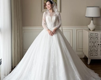 Royal Lace Ball Gown Wedding Dress - Long Sleeve Illusion V-Neck Bridal Gown