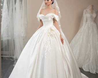Off Shoulder Satin Ball Gown Wedding Dress – Floral Applique, Romantic Bridal Gown