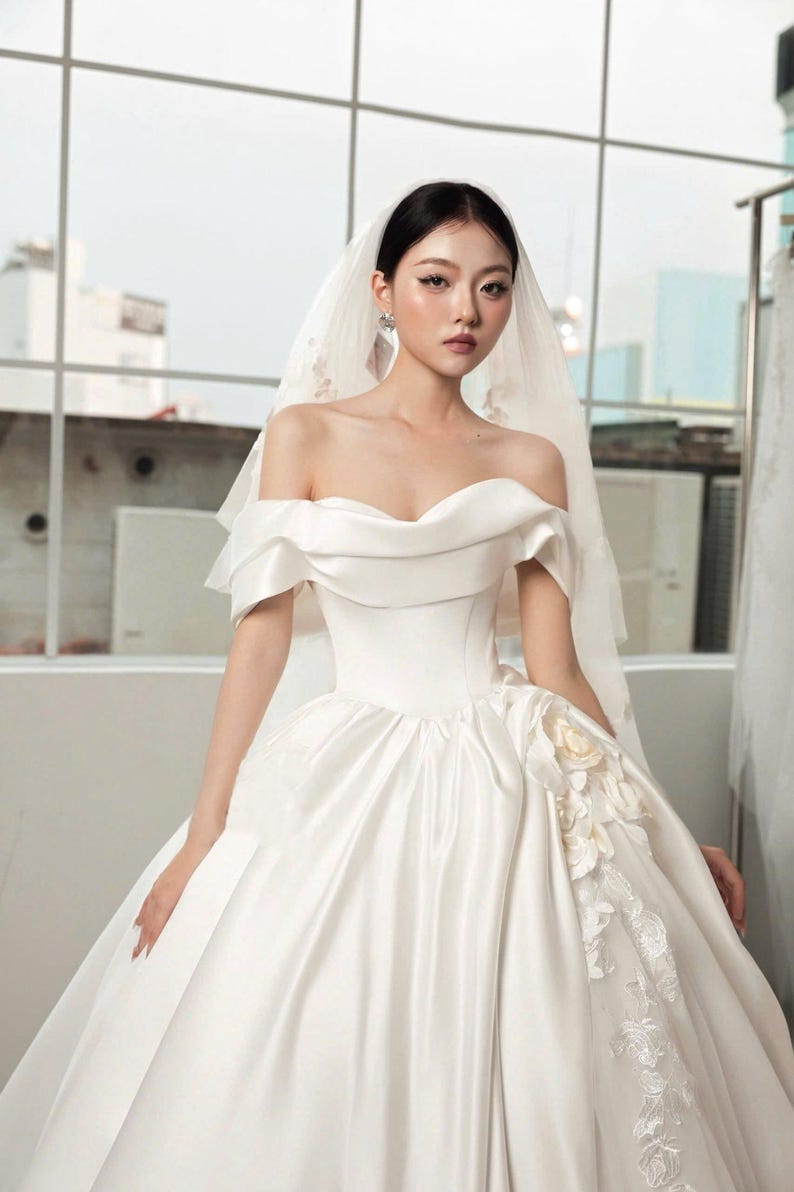 Off Shoulder Satin Ball Gown Wedding Dress – Floral Applique, Romantic ...