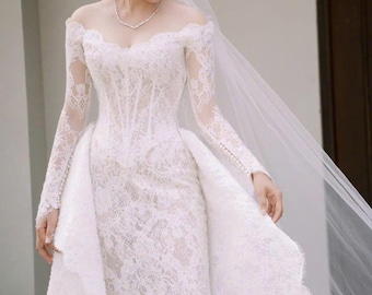 Elegant Lace Mermaid Wedding Dress, Off-Shoulder Long Sleeve Bridal Gown, Romantic Couture Veil