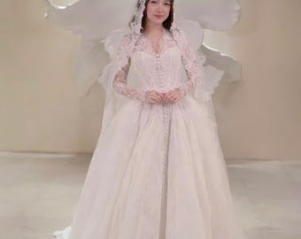 Royal Lace Ball Gown Wedding Dress with Long Sleeve Veil