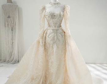 Off Shoulder Lace Ball Gown Wedding Dress with Detachable Overskirt (Custom Made)