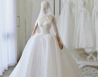 Royal Ball Gown Wedding Dress, Corset Bodice, Lace Veil, Fairytale Bridal Gown