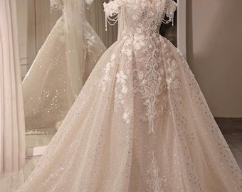 Off Shoulder Lace Ball Gown Wedding Dress with Detachable Overskirt, Custom Bridal Gown