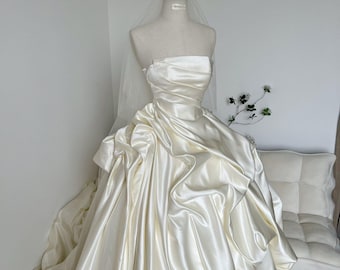 Strapless Satin Ball Gown Wedding Dress – Draped Skirt, Elegant Ruched Bridal Gown