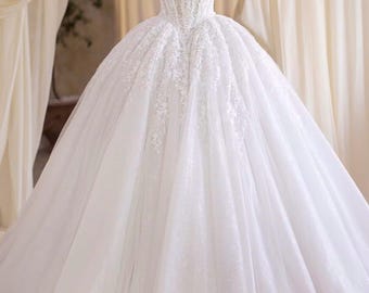 Sparkly Ball Gown Wedding Dress, Strapless Corset, Glitter Tulle, Lace Applique Bridal Gown