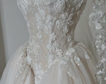 Strapless 3D Floral Lace Wedding Dress, Romantic Corset A-Line Gown, Detachable Tulle Overskirt