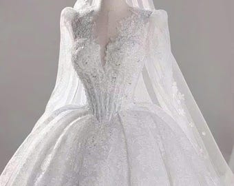 Sparkly Lace Ball Gown Wedding Dress, Illusion V-Neck, Cathedral Train, Princess Bridal Gown
