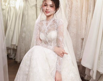 Long Sleeve Lace Wedding Dress, High Neck A-Line Bridal Gown, Vintage Inspired Bride