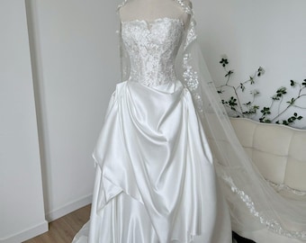 Strapless Lace Corset Satin Wedding Dress – Draped Skirt Ball Gown