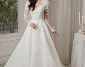 Sparkling Lace Ball Gown Wedding Dress, Long Sleeves, Princess Bridal Gown