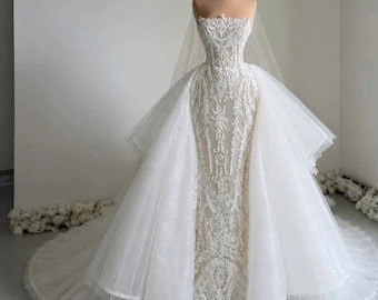 Mermaid Wedding Dress, Strapless Lace Gown, Floral Embroidery, Detachable Train