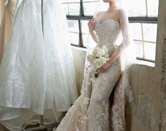 Mermaid Lace Wedding Dress, Strapless Bridal Gown, Detachable Overskirt, Cathedral Train