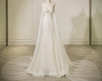 Luxury Sparkly Mermaid Wedding Dress with Detachable Cape, Glitter Beaded Bridal Gown