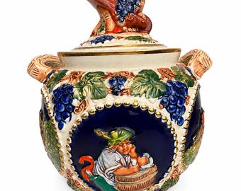 Gerz West Germany Lidded Cookie Jar Majolica Grape Harvest Figural Vintner Cobalt Blue Handgemalt