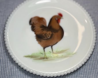 Piatto Westmoreland in vetro opalino con gallo, stile vintage, bordo decorato, 7,5 pollici, decorazione in stile rustico.