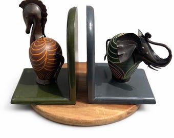Vintage Safari Bookends Elephant Antelope Boho Metal Wood Decor