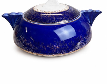 French Saxon China Cobalt Blue 22K Gold Soup Tureen Sebring Ohio 1930s