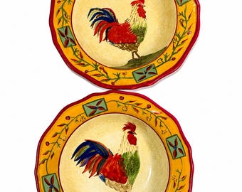 Juego de 2 cuencos vintage Oneida Fairweather Friends con diseño de gallo / Decoración de cocina rústica pintada a mano