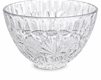 Vintage Heavy Cut Crystal Floral Bowl Clear Glass Serving Bowl Etched Flower Pattern 8 Inch