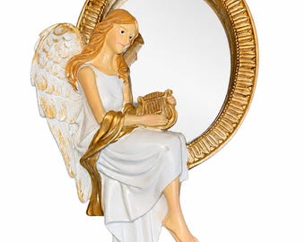 Lustro ścienne w stylu vintage z aniołem i lirą | Dekoracja z aniołem stróżem | Złoto-białe lustro wiszące | Religijny wystrój domu