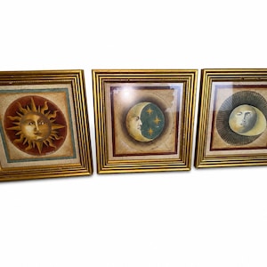 Vintage Mary Beth Zeitz Celestial Sun Moon Framed Art Prints Set of 3 | 90s Y2K Gold Frame Astrology Wall Decor