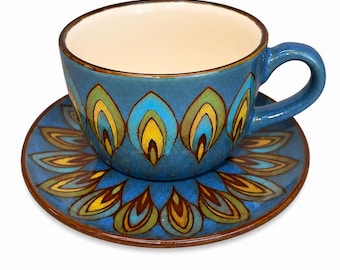 Vintage Pier 1 Imports Stoneware Oversized Teacup & Saucer Set Blue Peacock Pattern