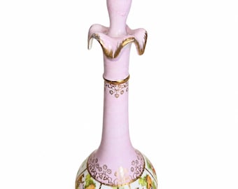 Frasco de perfume/decantador vintage em porcelana – Cena romântica de cortejo – Rosa e dourado – 25 cm de altura